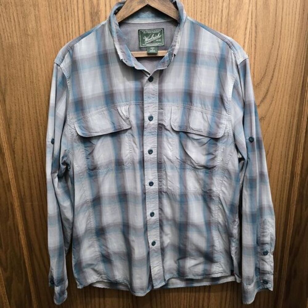 Woolrich Shirt Mens M Blue Button‎ Up Long Sleeve 100% Nylon Outdoor Hiking